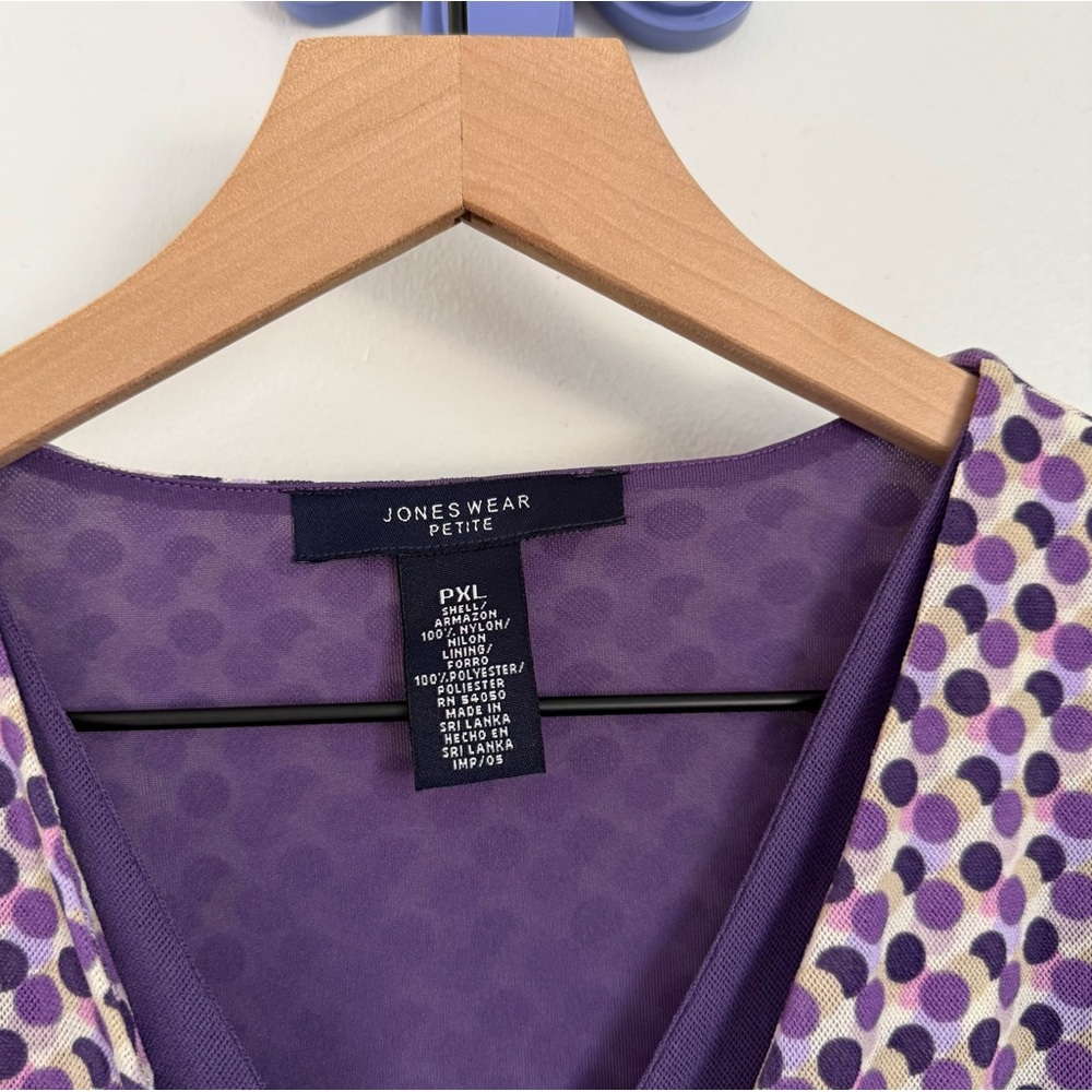 90s Y2K Petite XL Purple Polka Dot Blouse V Neck Surplice Babydoll Preppy Office - Picture 3 of 6